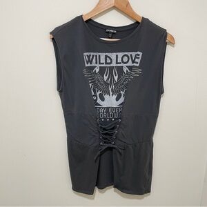 Express Y2K Style Gray & White Wild Love Lace-Up Sleeveless T-shirt, Size M